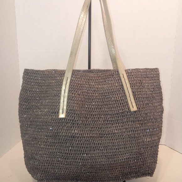 FLORA BELLA for ANTHROPOLOGIE Gray & Silver Woven Raffia Tote Bag - Picture 5 of 15